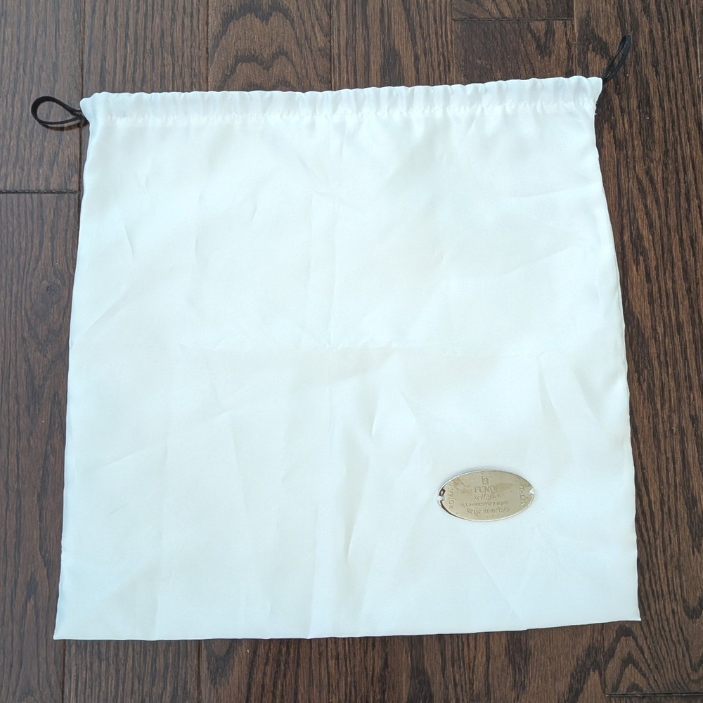 Fendi Selleria White Drawstring Dust Bag Metal Logo Plate Roma Italia